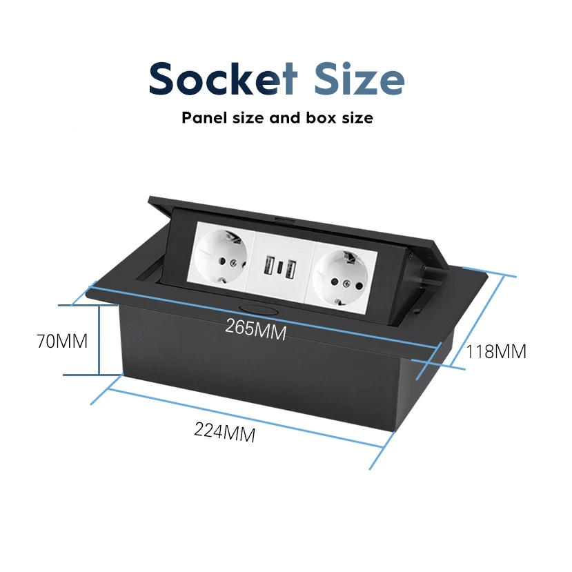 EU/French KR Hidden Type Table Socket 2/3 Outlet USB Option Desk 16A 3000W White/Black/Silver Metal Panel UK RU embedded Socket