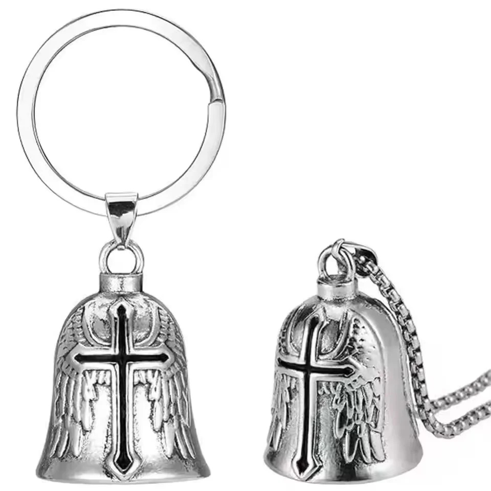 3D Design Motorcycle Guardian Bell Necklace Retro Punk Style Cross Pendant Bell Keychain Wing Design Alloy Biker Good Luck Charm