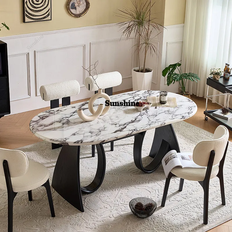

French retro dining table, modern light luxury simple oval dining table