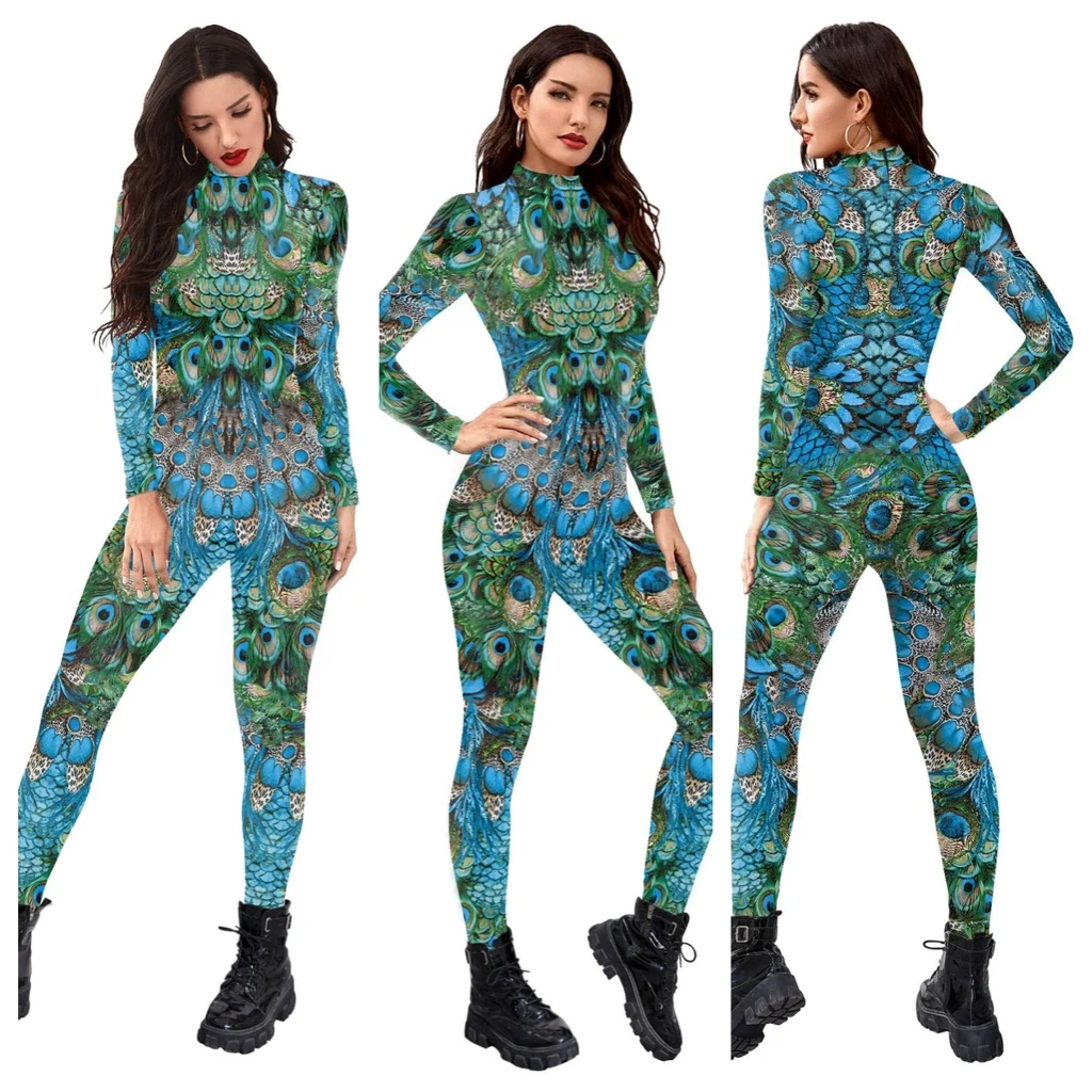 Mono con estampado 3D de pájaro pavo real para adultos, disfraz de Cosplay de Halloween para fiesta de baile, para hombre y mujer