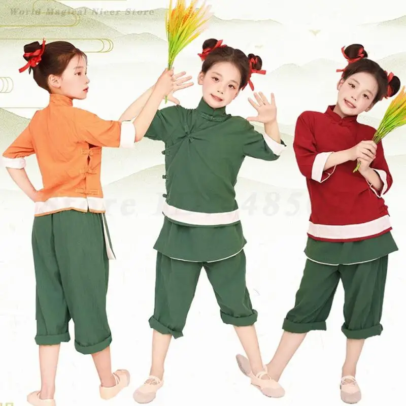 

Kids Boys Girls Dance Costume Chinese Traditional Vintage Ethnic Style Clothing Children's Festival Stage Performance Costumes