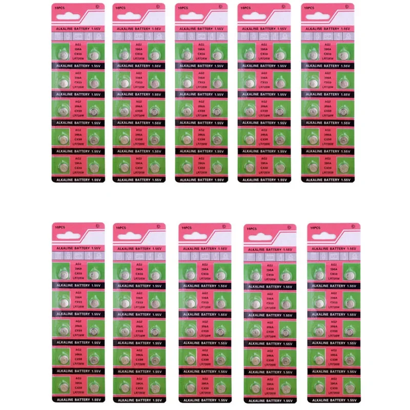 

100pcs /10 Cards 30mAh 1.55V AG2 LR726 397 396A SR726 196 SR59W SR726SW Button Cell Coin Battery For Watch Toys Remote