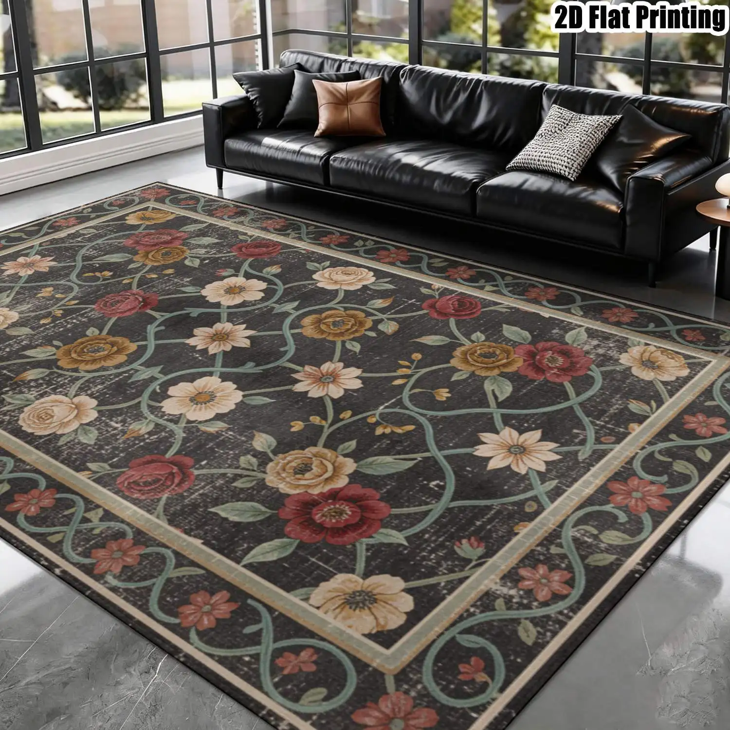 1Pc 2D Printed Retro Dark Floral Pattern European Vintage Carpet, Multi-Size Machine Washable, Ideal for Home Decor Entrance Dining Bedroom Living Room