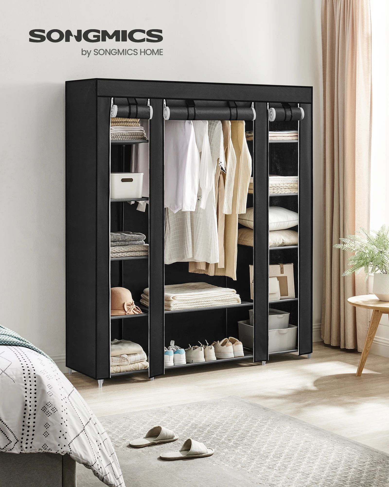 SONGMICS Kleiderschrank, Stoffschrank, 12 mit Kleiderstange und Ablagen, Stabiler Schrank, für Schlafzimmer, Ankleidezimmer