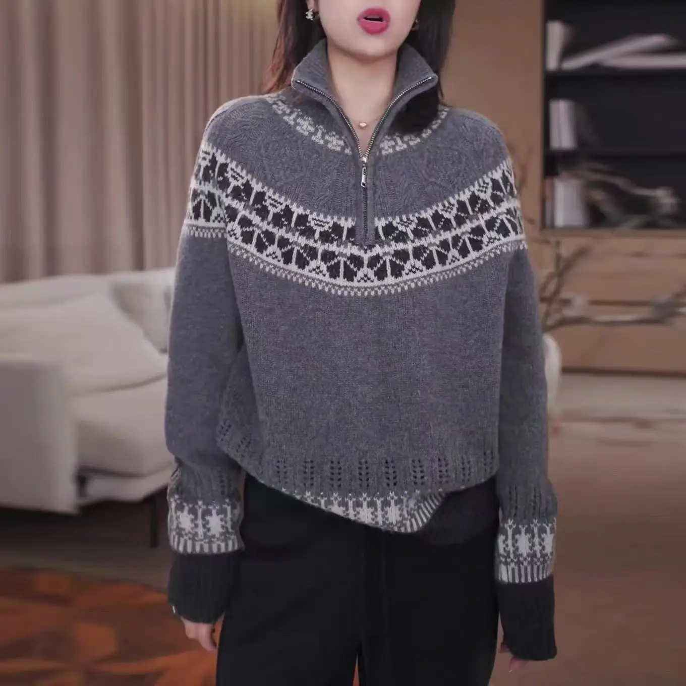 Thickened jacquard 100% pure wool sweater women's turtleneck half-open zipper cashmere knitted sweater