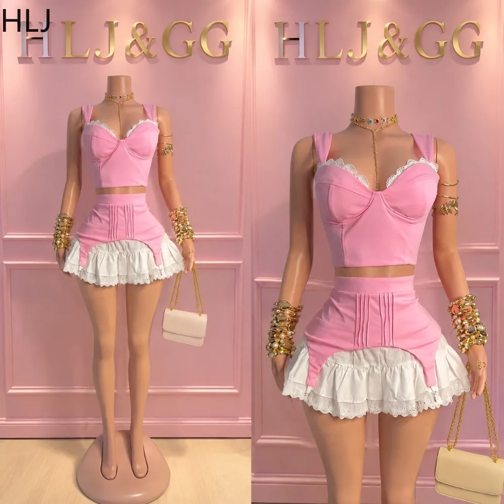 HLJ Y2K Sweet Women Two Piece Matching Set Lace Trim Sleeveless Crop Top + Ruffle Skirt Summer Club Date Night Outfits 2026 New
