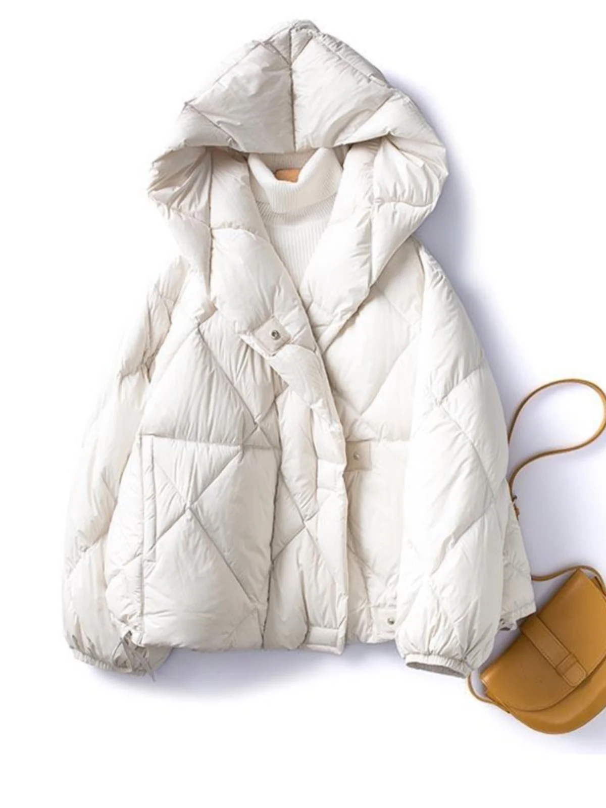 

Ele Quali Women's Hooded down Jaet Soft Cozy White Du Feather Diamond Pattern Korean Sle Faionable Winter Coat
