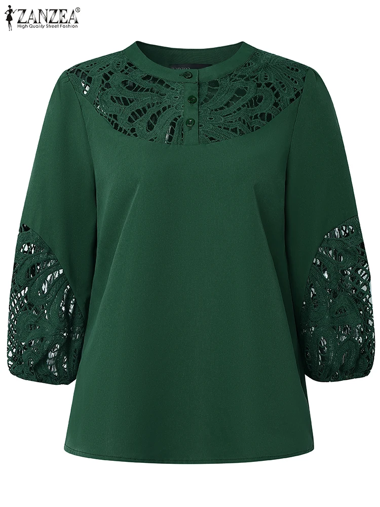 

ZANZEA, женская блузка, элегантная офисная женская кружевная лоскутная рубашка, осень 202, повседневная свободная туника с пышными рукавами и пуговицами, уличная одежда, топ