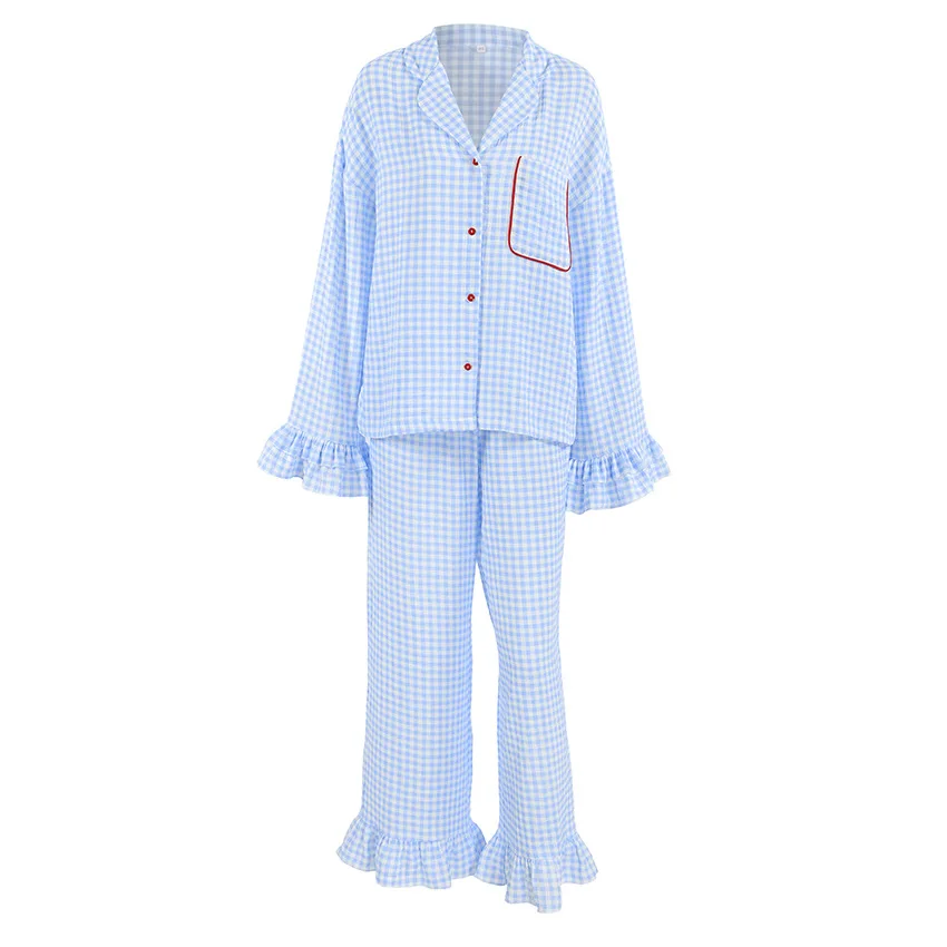 Autumn Winter New 2 Piece Women's Plaid Pajamas 100% Cotton Long Sleeved Pocket Top Pants With Ruffle Loose Casual Home Suit Set