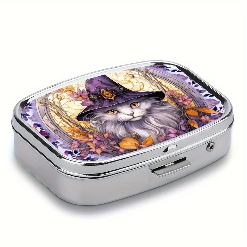 A Gorgeous Cat Wizard Medicine Kit - Mini 2-Grid Metal Medicine Organizer, Portable Travel Pocket Medicine Kit - Ideal Gift