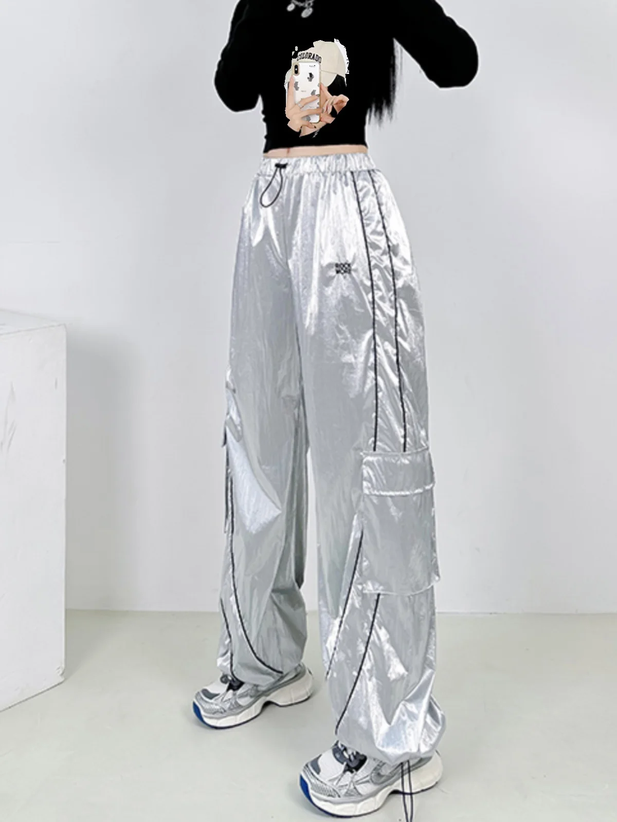 Street Style High Waist Silver Shiny Bud Stripe Slimming Casual Pants Women's Dance Jazz Long Trousers Individuality Pants