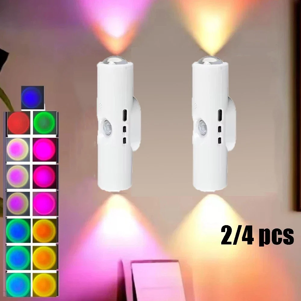 4 Stück Wiederaufladbare LED-Nachtlichter Doppelkopf Magnetische Wandlampe RGB Farbverlauf Ambientebeleuchtung Bewegungssensor für Flur und Treppe