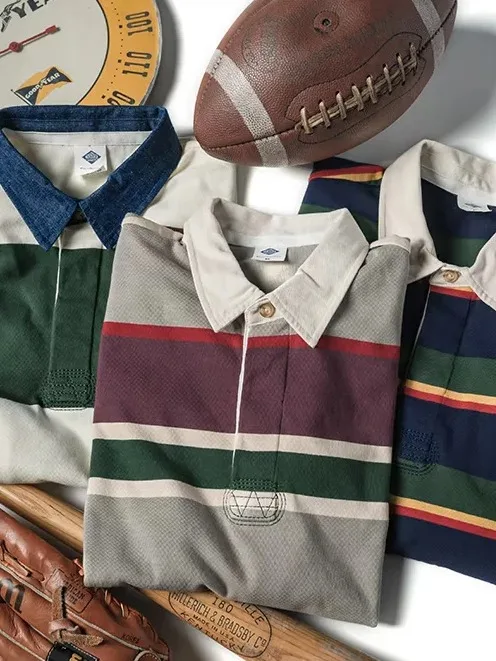 Amercian Retro Long Sleeve  Shirt Striped Ivy League Collar T-Shirt Youth Fashion Cotton Classic Style Four Seasons Wear