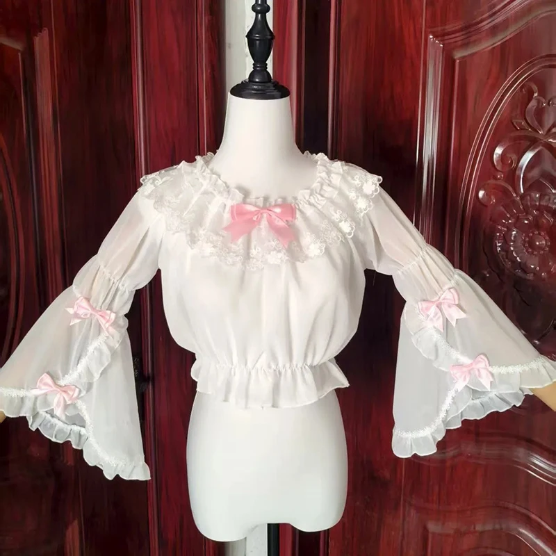 Sweet Lolita Chiffon Shirts Women Lace Ruffles Patchwork Flare Long Sleeve Blouse Japanese Kawaii Bow Summer Crop Bottoming Tops