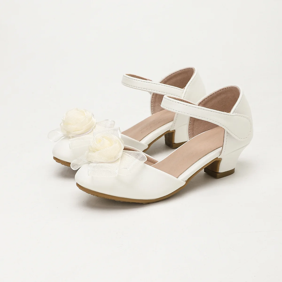 Girls White Ribbon Heels Student Satin Party Pumps Children Durable Bow Sandals Princess Dress Shoes for Performance & Wedding