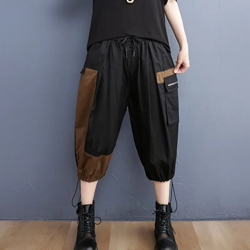 #2939 Summer Cargo Pants Women Casual Joggers Spliced Color Streetwear Hip Hop Pants Side Pockets Loose High Waisted Harem Pants