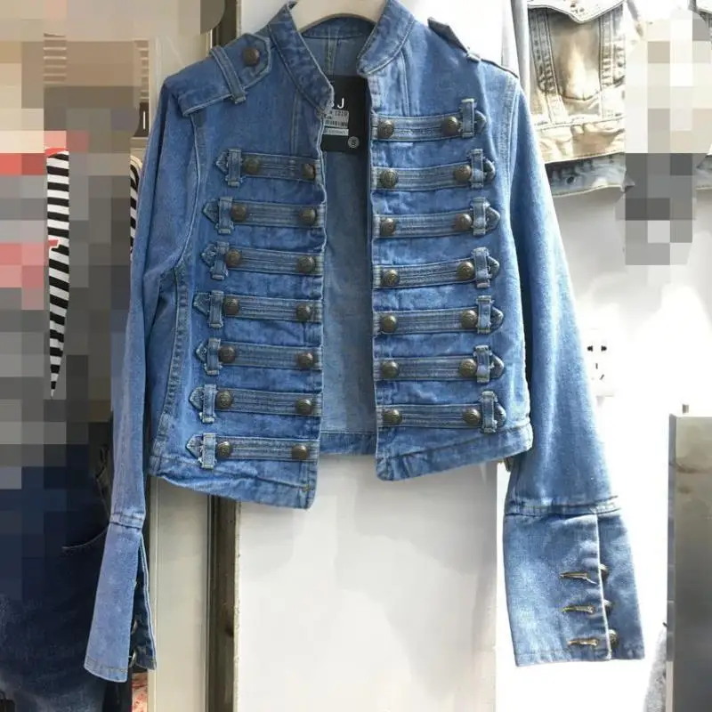 

Retro Military Sle Stand Collar Denim Women's irt Haome Ci Walk PU Leather Sve T-irt Thin Nine Points Sve