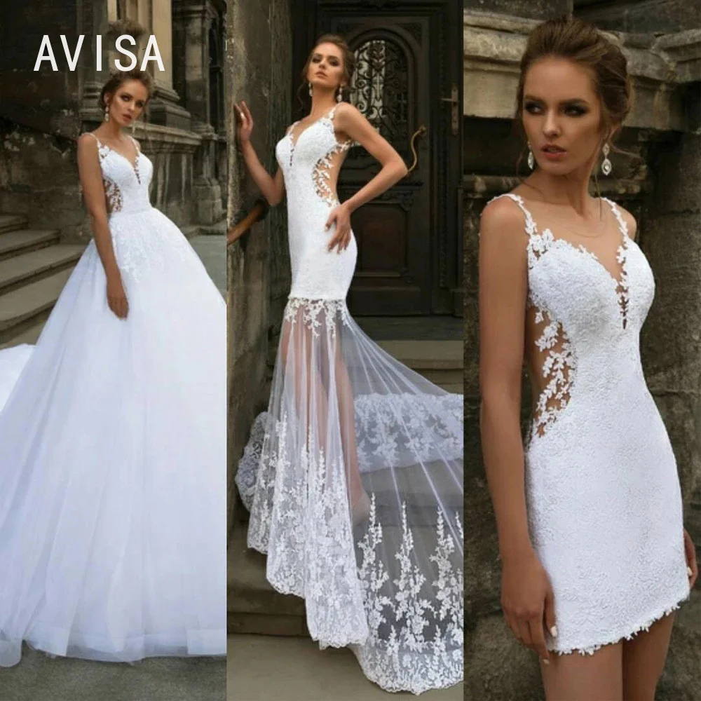 

Modern Short Mermaid Wedding Dress with Detachable Train Three Pieces 3 in 1 Lace Applique Sheer Neck Backless vestidos de novia