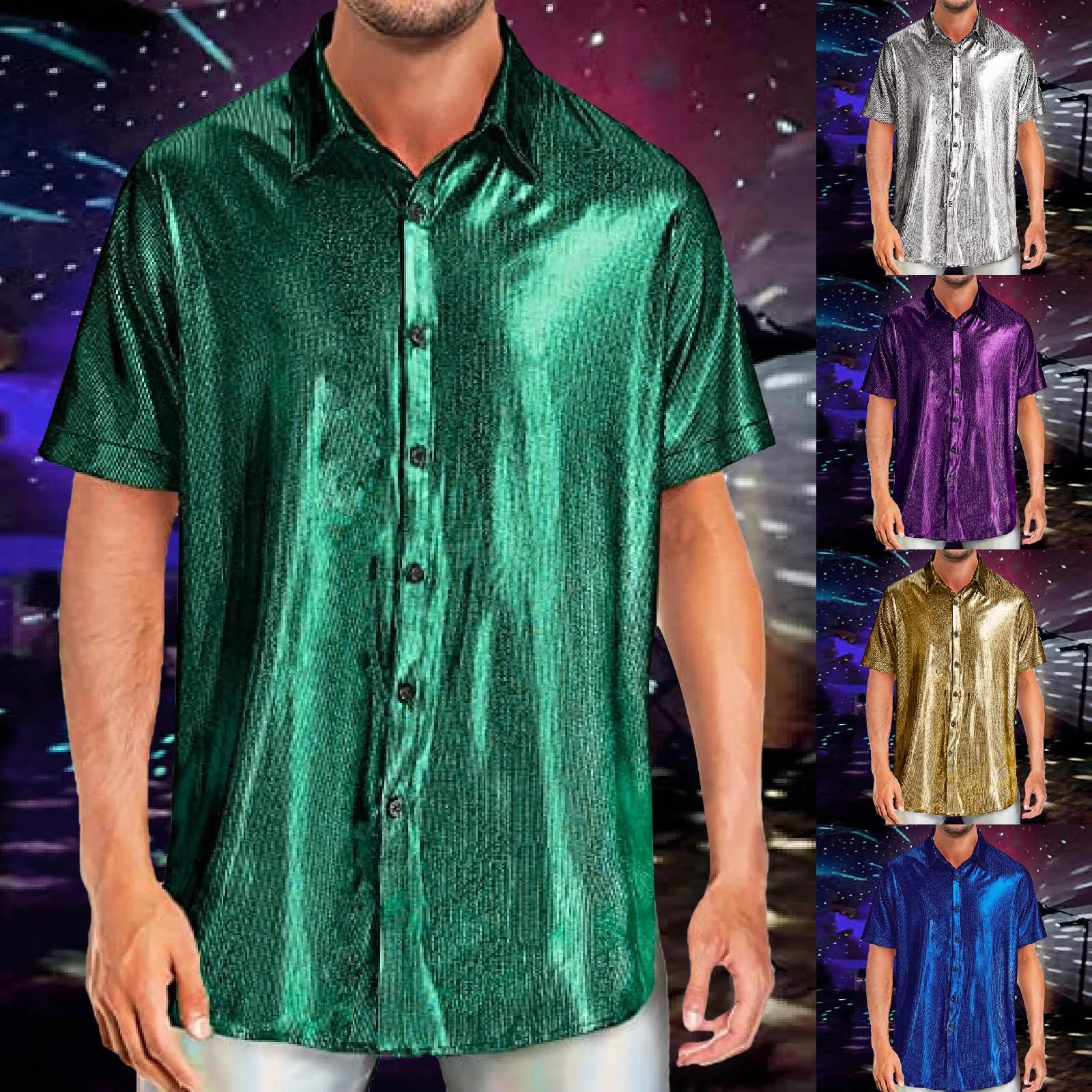 

Хэллоуин Мужская рубашка с блестящими пайетками Модная рубашка для выступлений Отложная рубашка с короткими рукавами Клубная вечеринка Дискотека Сценическое шоу