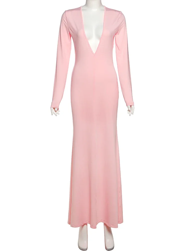 Nibber Hipster Elegant Y2K Chic Dress Women Deep V-Neck Full Sleeve Banquet Vacation Party Simple Basis Fall Fit Trend Vestidos