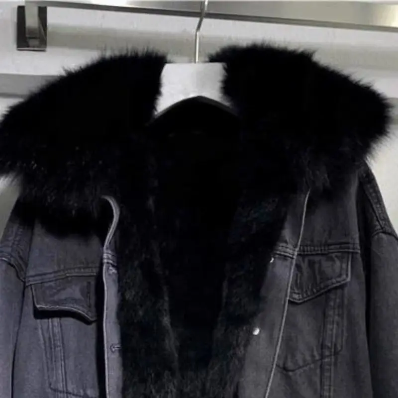 Winter Denim Jacket Hooded Coat Women Removable Fur Collar Fleece Lined Jeans Jacket Warm