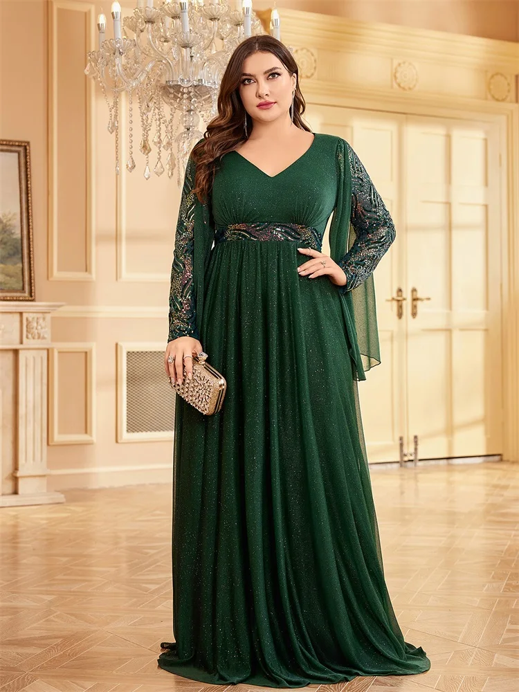 XUIBOL Plus Size Long Sleeve Sequin Green Evening Dress 2024 Floor Length Women Sparkle Bling Bling Family Party Cocktail Dress