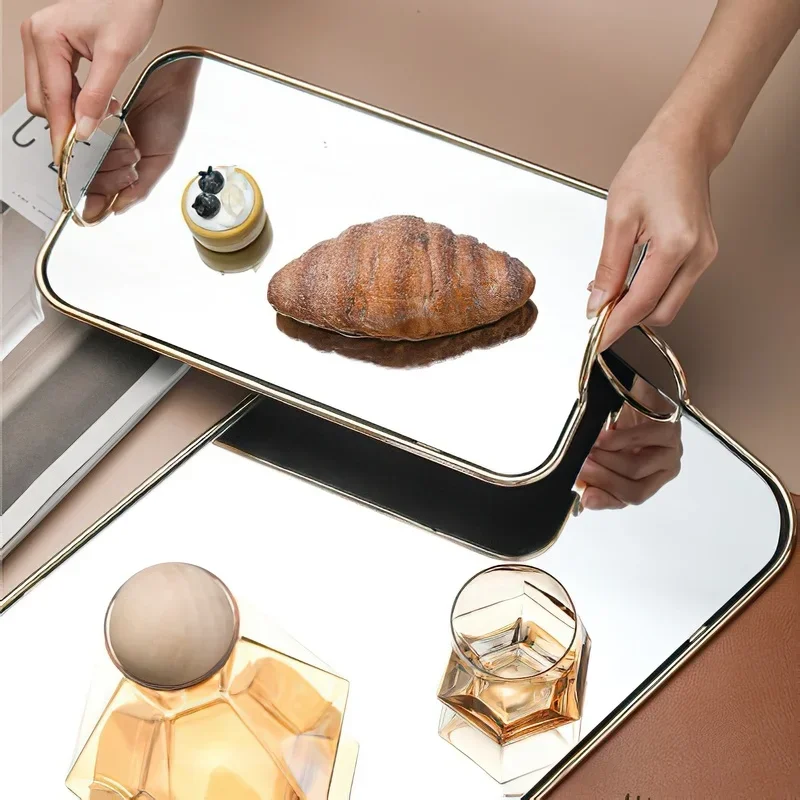 

Metal Mirror Storage Tray Rectangle Golden Handle Phnom Penh Binaural Storage Jewelry Cosmetics Bathroom Home Kitchen Supplies