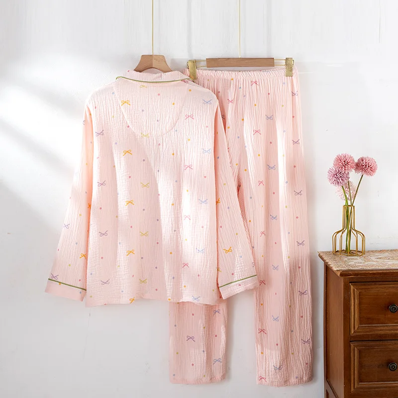 2025 New Spring/Summer Women's Pajama Set 100% Cotton Crepe Loose Cute Girl Long Sleeve Two Piece Home Clothes Sleepwear