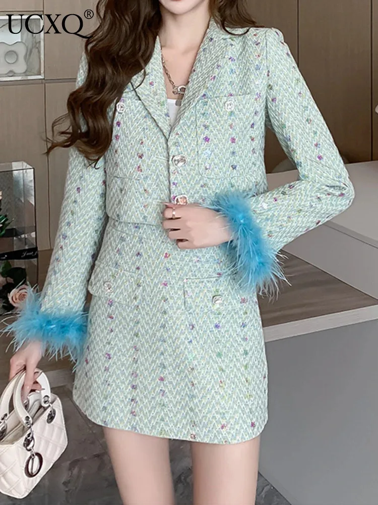 

UCXQ Fashion Women's Sets European Style Contrasting Splicing Feather Jacket Short Skirt Two-piece Set 2024 Spring Autumn 3A9959