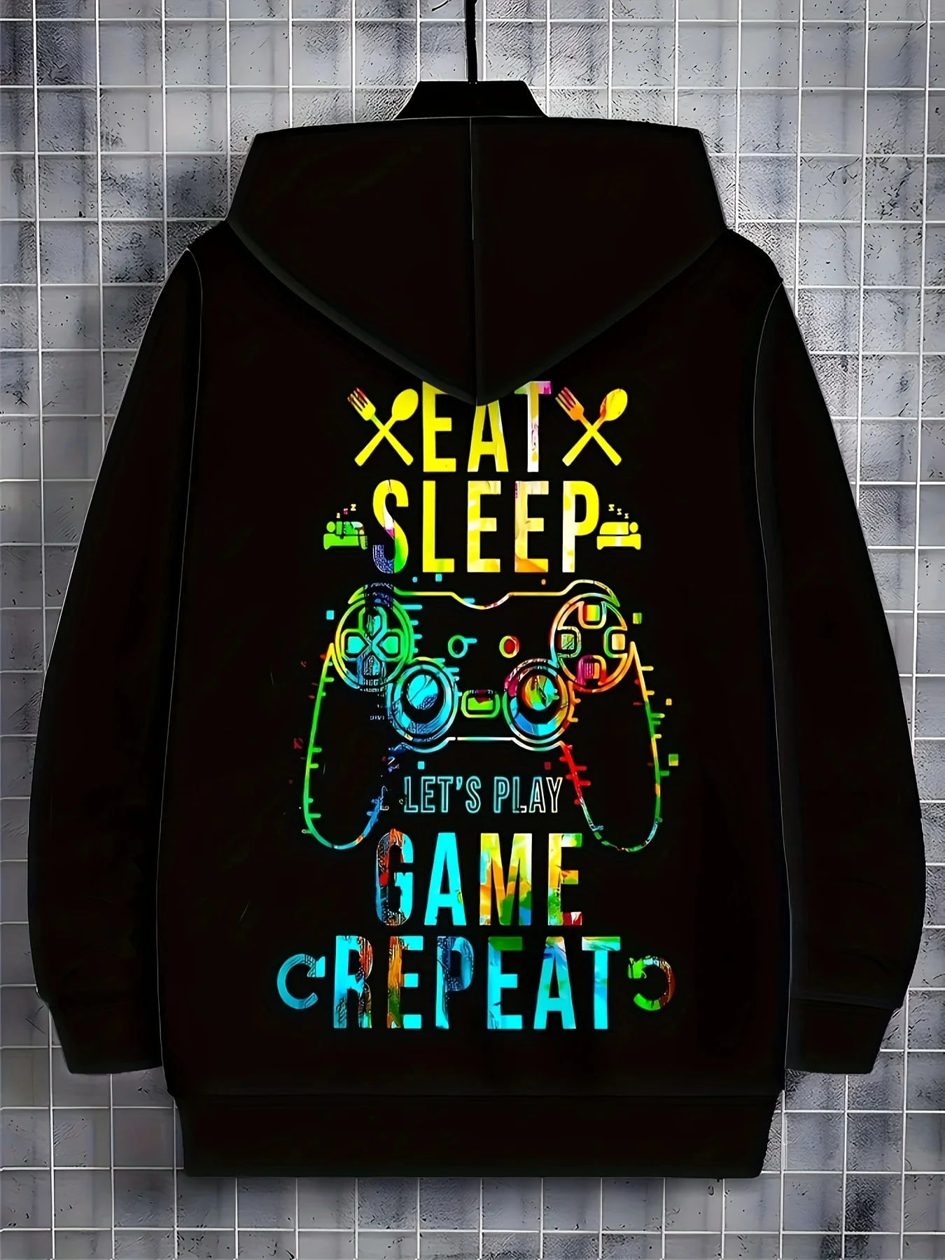 Moletom com capuz gráfico de jogos vibrantes masculino – Design "Xbox Let'S Game Eat", jaqueta preta com zíper e estampa colorida de controlador de jogo, Coz