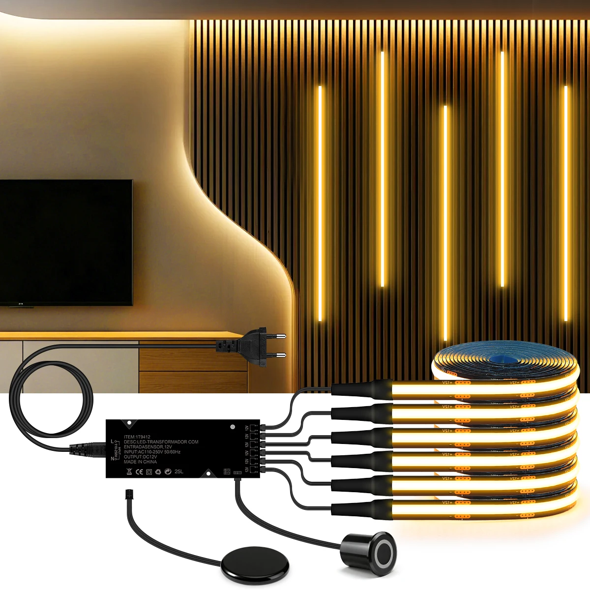 Acoustic Curtain Wall Walnut Wood Grille Panel Decor COB LED Light Strip Kit Black FPCB Lamp Tape Two Type Touch Sensor Dimmmer