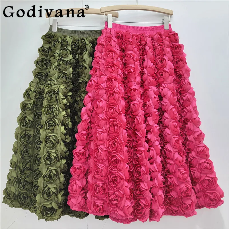 

Chic French Three-dimensional Flower High Waist Big Swing Skirt New Spring Autumn Elegant Girls A-line Versatile Long Skirts