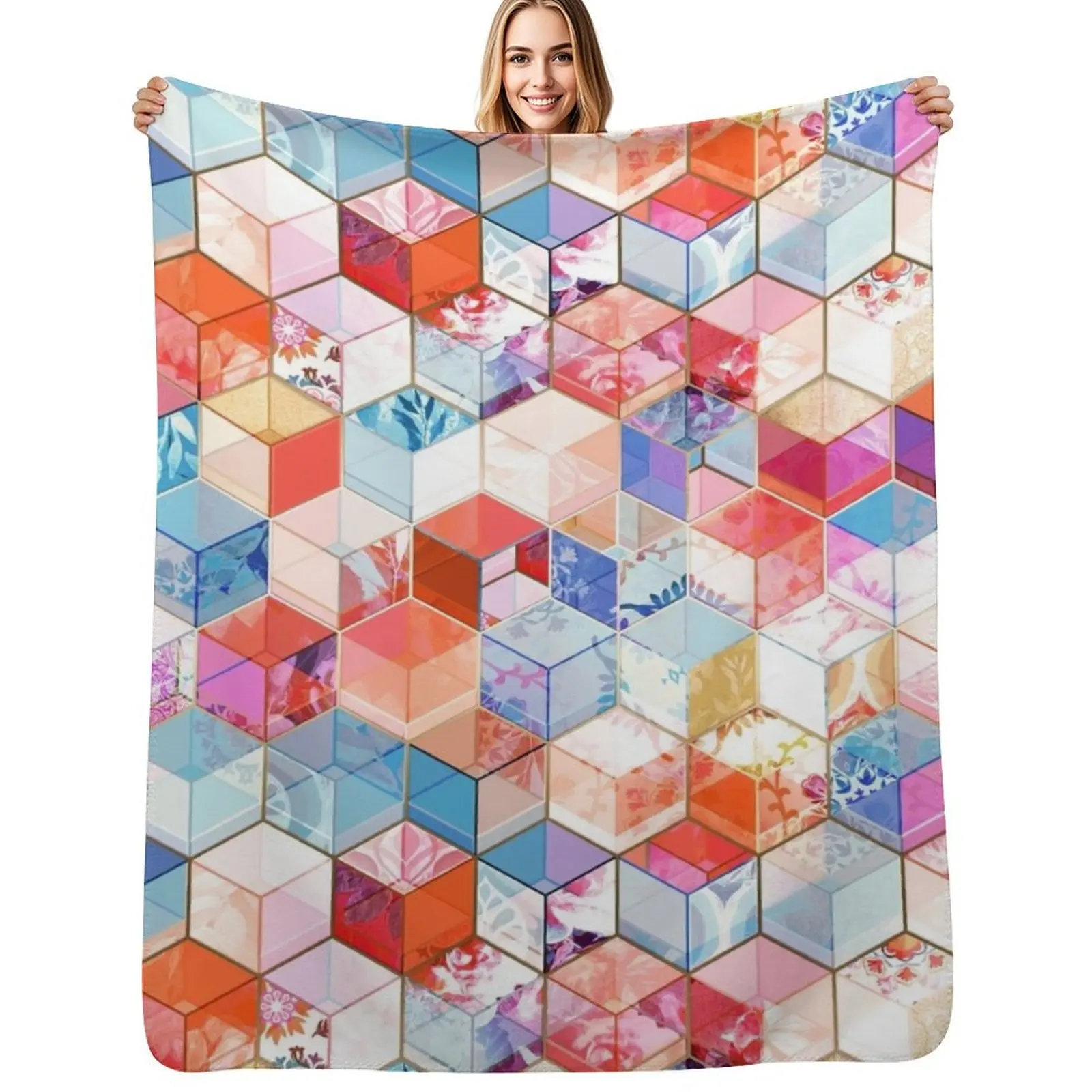 

Coral, Cream and Cobalt Kaleidoscope Cubes Throw Blanket Fashion Sofas Picnic Blankets