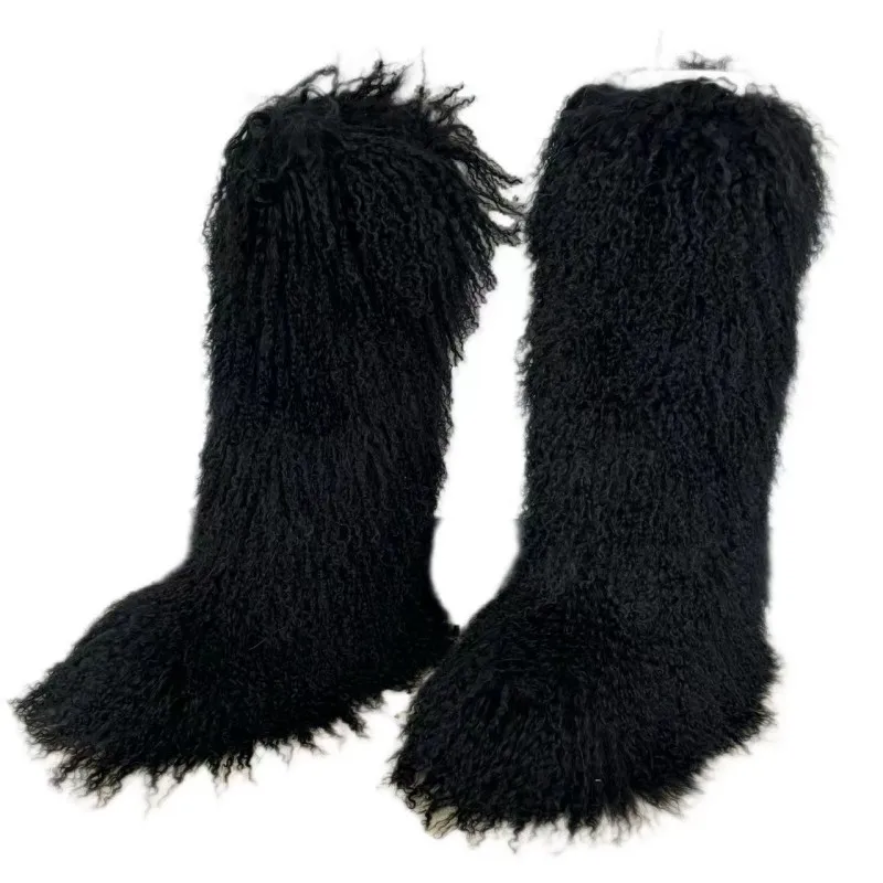 

Women Winter Fluffy Mongolian Fur Mid-Calf Snow Boots Thick Flat Solid Rubber Soles Round Toe Over Knee High Boots Big Size 45