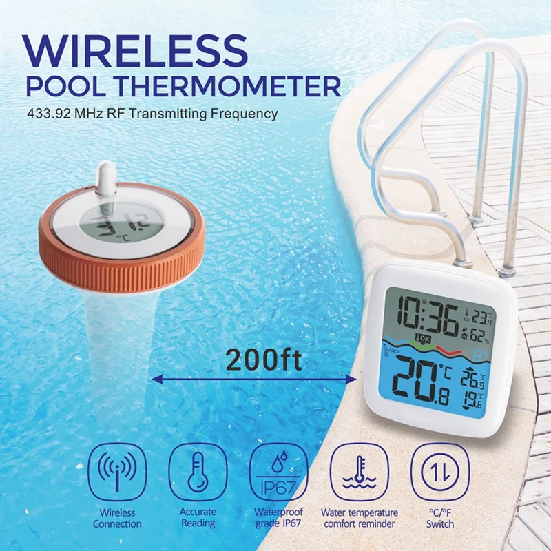 Pool Thermometer Wireless Floating Easy Read, Digital Pool Thermometers, For Swimming Pool, Bathtub, Fish Tank Easy Install