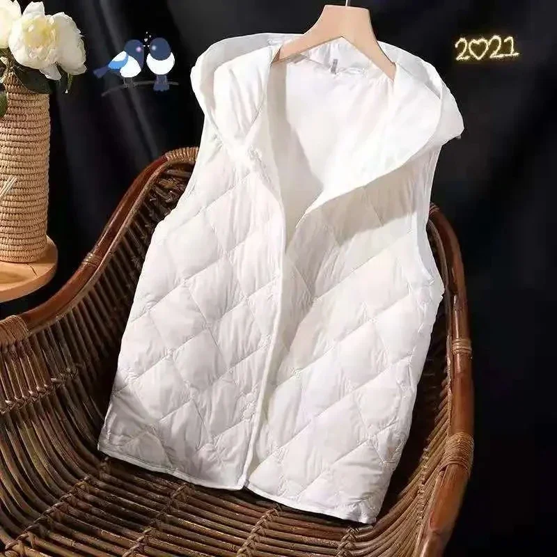 

2024 New White Down Cotton Vest Jacket Women Hooded Sleeveless Padded Vest Outer Wear Autumn Winter Vest Women Waistcoat E131