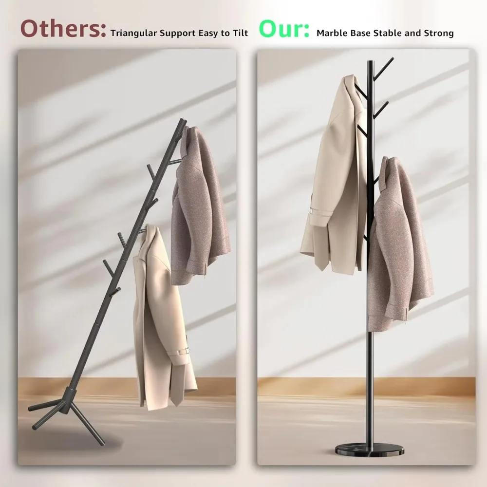 Coat Rack with Natural Marble Base, Metal Freestanding Coat Rack with 8 Hooks, 3 Adjustable Size Sturdy Coat Tree for Bags