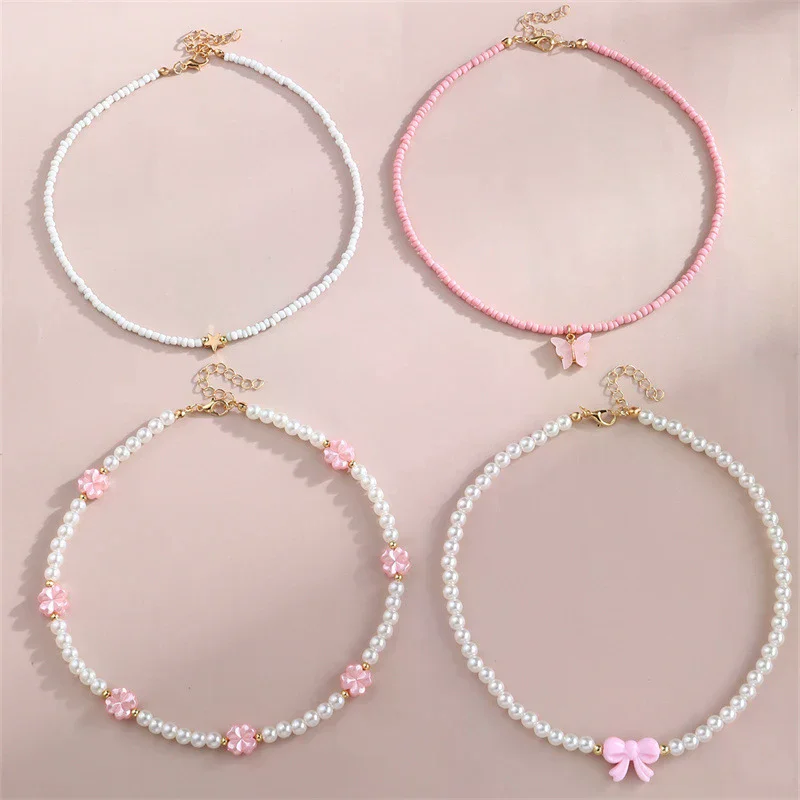 4pcs/Set Girls' Butterfly Heart Flower Pearl & Beaded Handmade Necklace Set Children Teen Friendship Best Gift For Friends