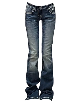 Pantalones vaqueros Gyaru Harajuku japonés Trashy Y2K para mujer, pantalones vaqueros acampanados de tiro bajo, pantalones largos con parte inferior acampanada de los años 2000, Kpop Vintage ajustados