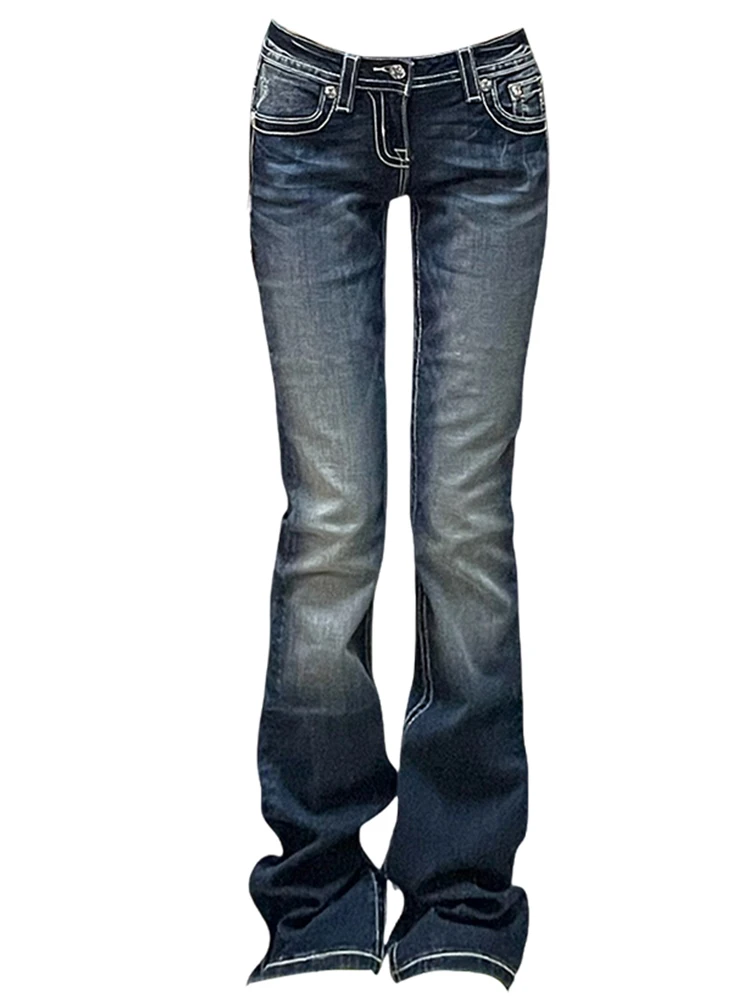 Kobiety Gyaru Japanese Harajuku Trashy Y2K Jeans Low Rise Flare Denim Pants 2000s Bell-Bottom Long Trousers Kpop Vintage Slim Hot