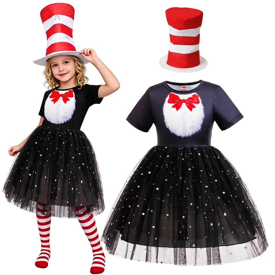 Kids The Cat in the Hat Fancy Dress Short Sleeve Star Sequin Mesh Tutu Skirt for Character Stage Performance Halloween Cosplay