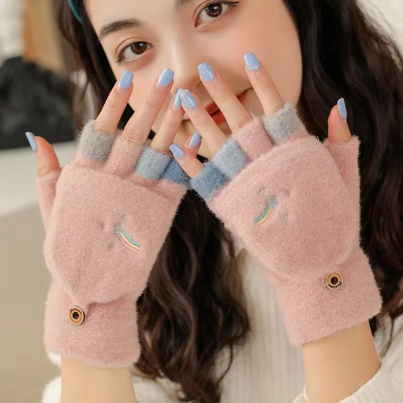 Women New Autumn Winter Warm Knitted Gloves Ladies Outdoor Cute Rainbow Embroidery Fingerless Flip Cover All-match Gloves