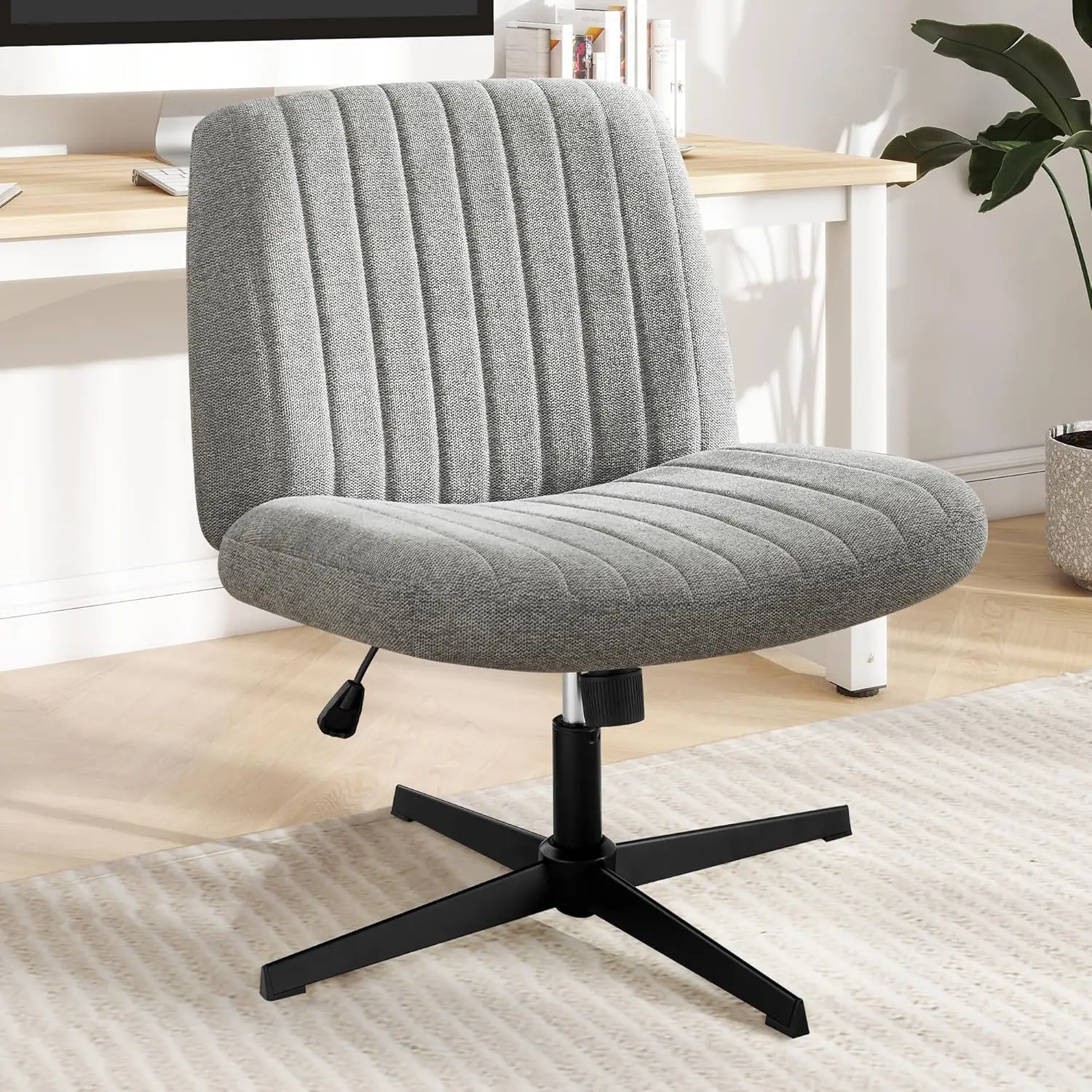 

Criss Cross Legged Office, Wide Comfty Desk, Wheels Armless Computer Task, Swivel Vanity Home Chair, Height Adjustable, Grey