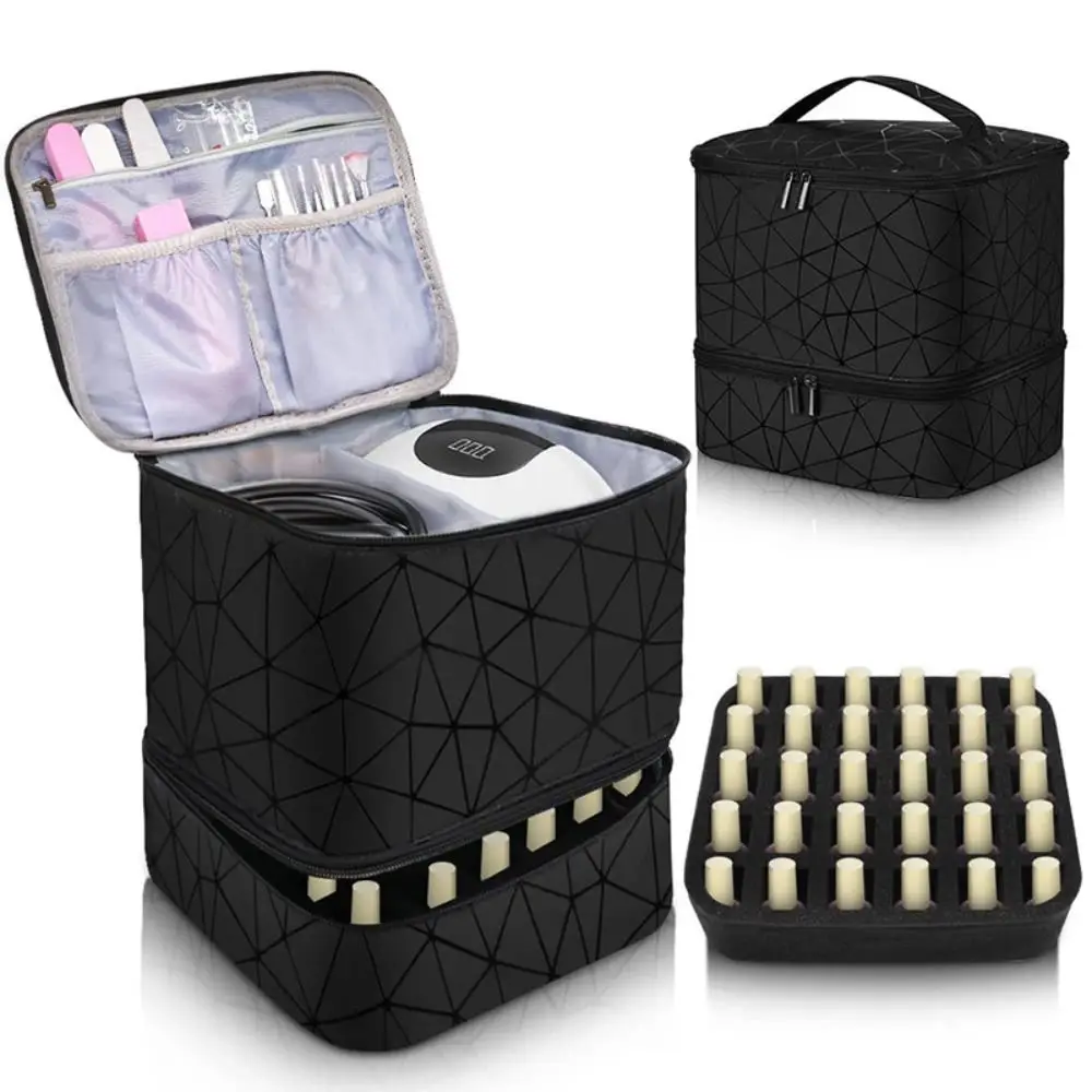 Professional 30 Grids Nail Organizer PU Nylon with Handle Manicure Bag Handbag Double Layer Makeup Bag Nail Polish Gel