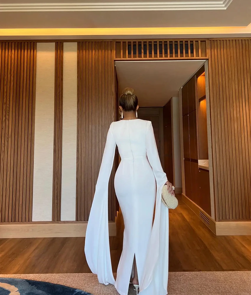 Vestido de noite reto de jérsei clássico personalizado, mangas compridas delicadas, gola redonda, comprimento do tornozelo