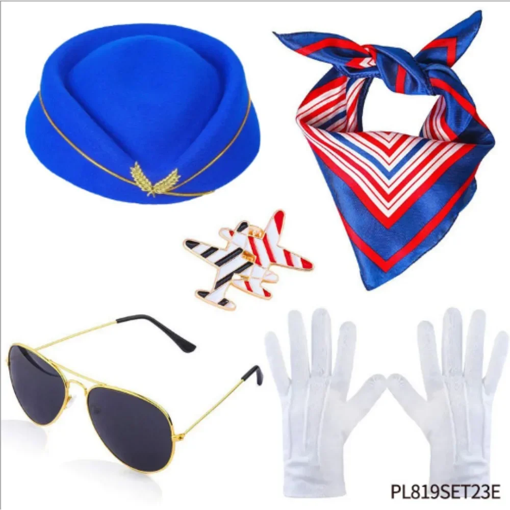 Conjunto de vestir para comissário de bordo de festa com acessórios, incluindo chapéus, óculos de sol, luvas, emblemas para fantasia de festa