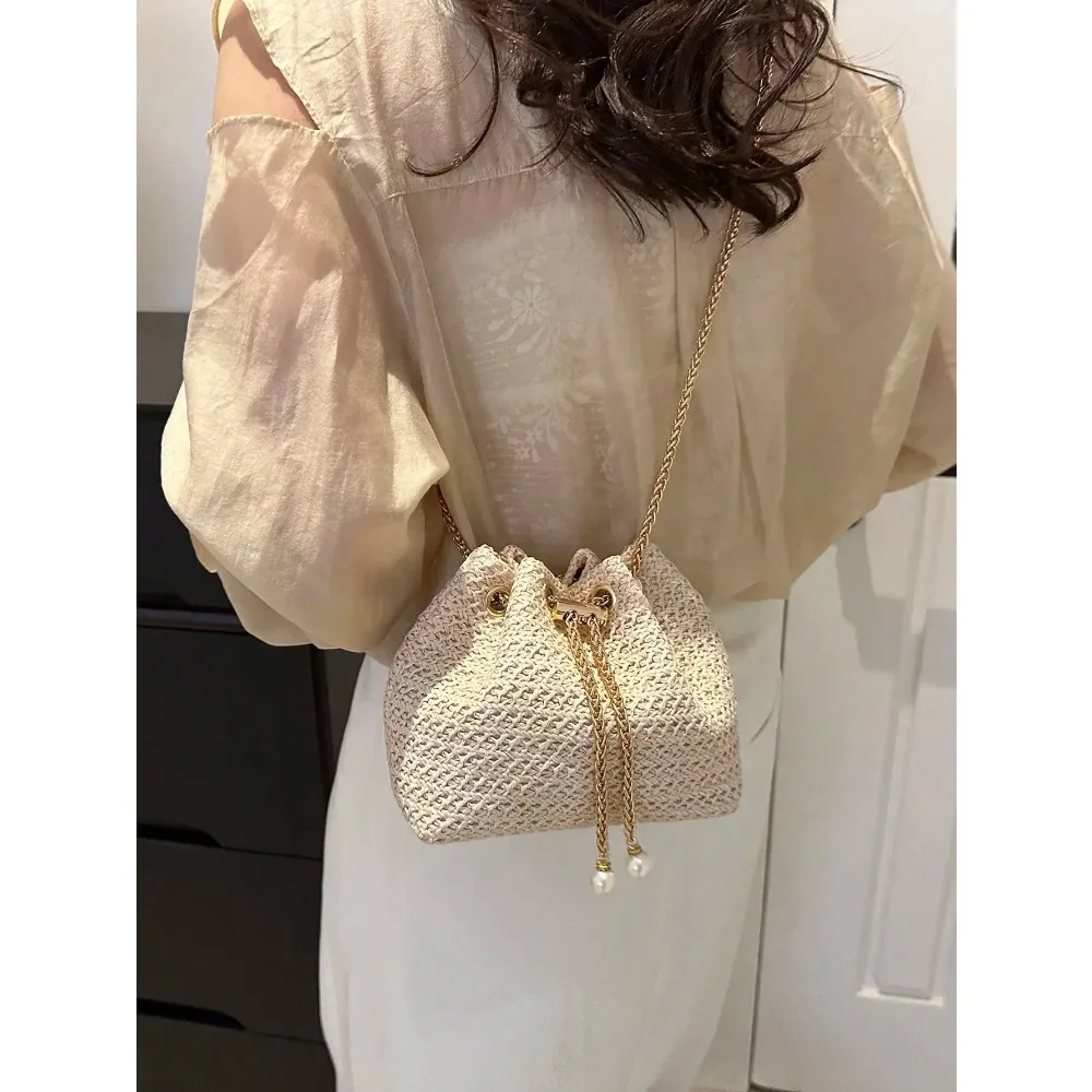

Beach Vacation Straw Crossbody Bucket Purse - Portable Cinch Closure Mini Woven Bag