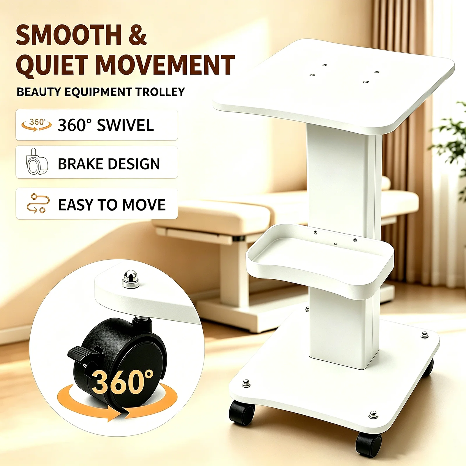 Chariot de rangement roulant pour salon de beauté, 3 niveaux, étagère en bois, capacité 40 kg, grand plateau de rangement robuste, 360° °   Chariot d'équipement de beauté pour spa, clinique et domicile avec roulettes silencieuses verrouillables