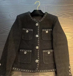 Chaqueta corta clásica de lana romana negra para mujer, Top de Tweed