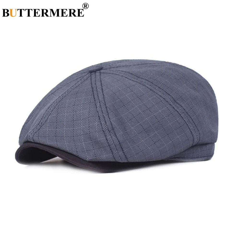 

BUTTERMERE Plaid Newsboy Cap Men Blue Cotton Linen Octagonal Cap Male Checkered Duckbill Spring Autumn British Beret Hat